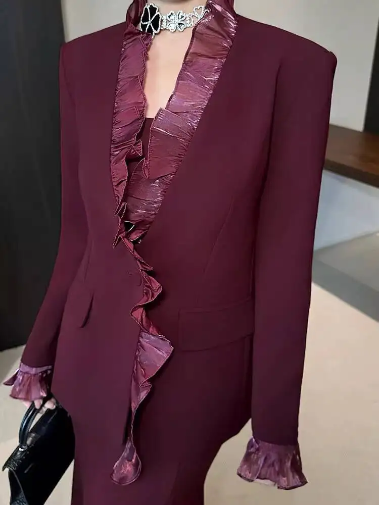 BEWQ Mode dames 2-delige set ruches lange mouw patchwork taille blazer slip slanke rokkostuum avondfeest 2025 herfst nieuw