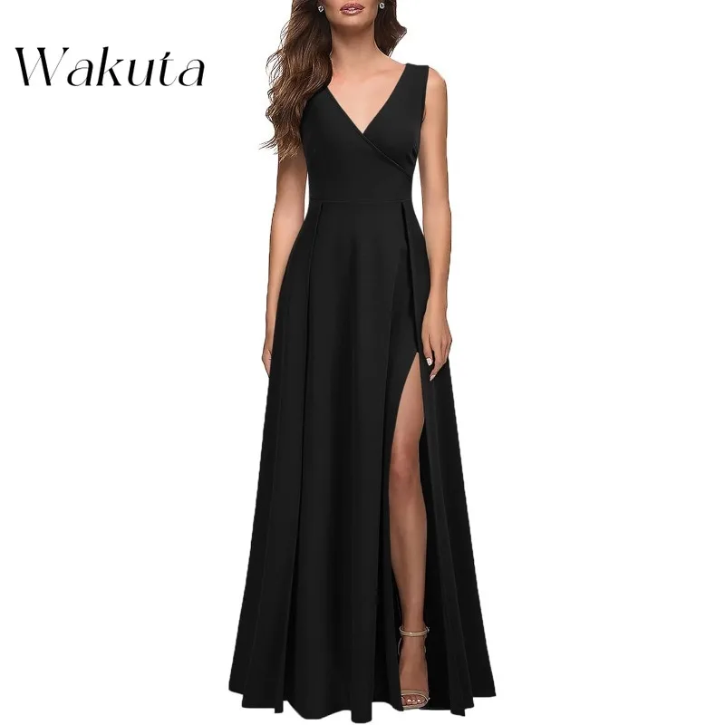 Wakuta Fashion Elegant V-Neck Sleeveless Solid Guest Dresses Classic Waist Slim High Split Cocktail Party Vestidos De Madrina