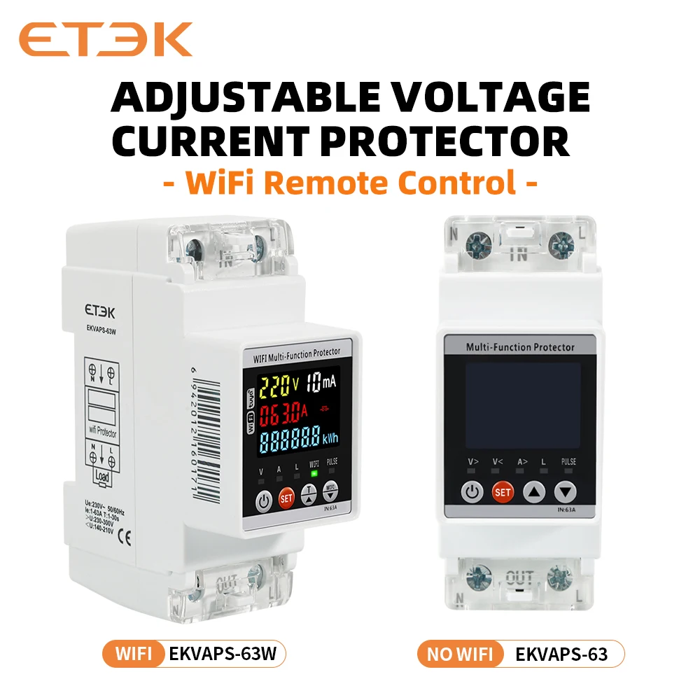 ETEK Smart Kwh Metering Circuit Breaker Adjustable 2P 63A 110V 220V with Voltage Current and Leakage Protection Meter EKVAPS