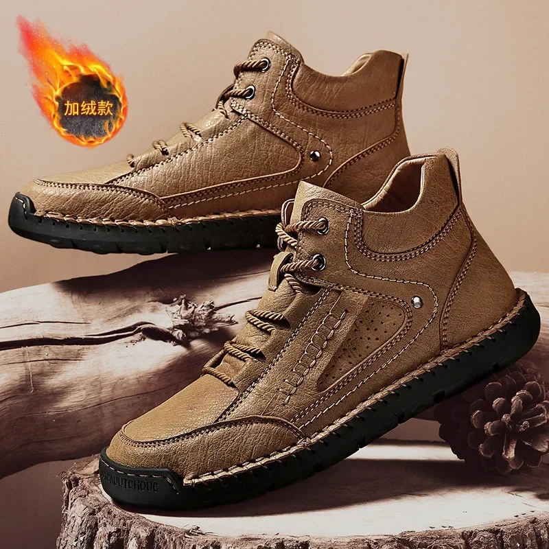 Stylish Men's Leather Boots Casual Outdoor Street High-top Male Shoes Vintage Winter Warm Footwear Large Size 38-48