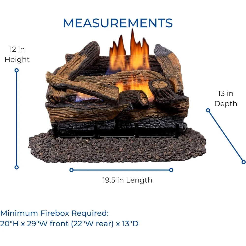 Red Oak Ventless Log Set – 18 Inch, 30,000 BTU, Dual Fuel (Propane/Natural Gas), Remote Control, Realistic Fireplace Insert