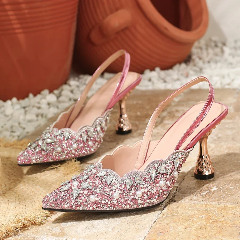 Women's Pointed Toe Pearl Rhinestone Embellished Slingback Sculpted Heel Pumps Elegant Wedding Party Footwear Drop Shipping Gift