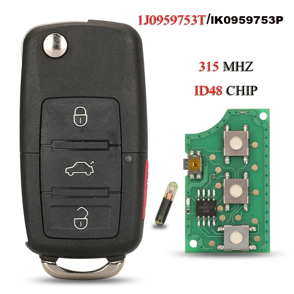 

jingyuqin Remote Car key Fob For VW Volkswagen Beetle Golf Jetta GTI Passat Key FOB Transmitter Control 1J0959753T 315Mhz ID48