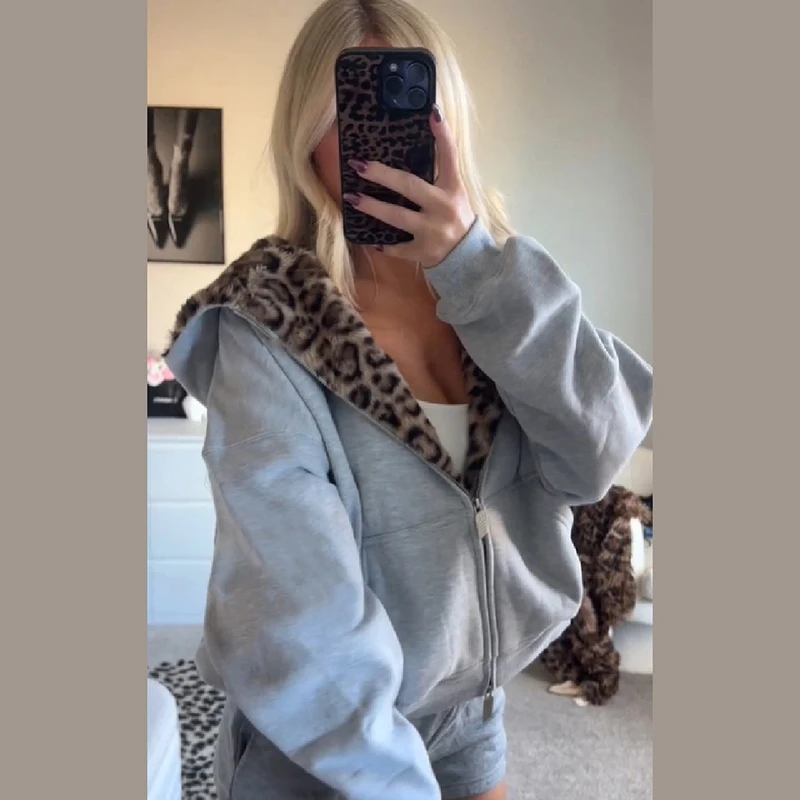 Leopard Print Lining Women's  Hooded Jacket Open Front Large Size Outerwear Cozy Sport Autumn Casual Double Zip Furry Coat