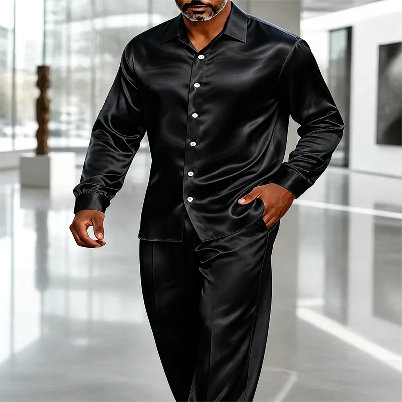 Men's satin two-piece suit, burgundy solid color long-sleeved collared shirt + trousers set, silky loose casual menswear.