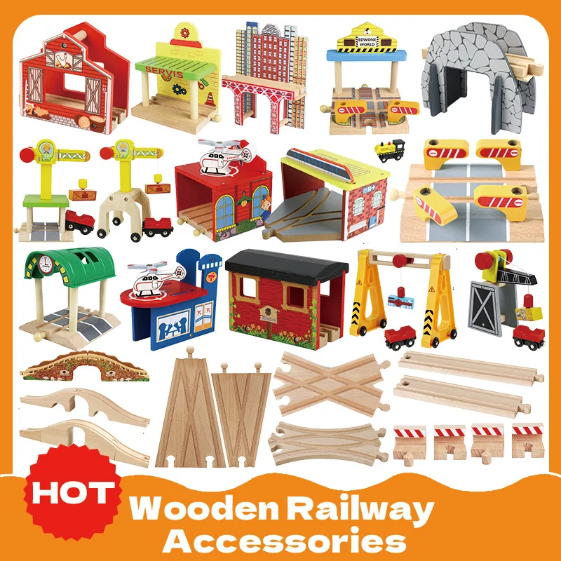 All Kinds of Wooden Train Track Accessories Fit Beech Wood Railway Tracks Toys Station Bridge Tunnel for Children Christmas Gift