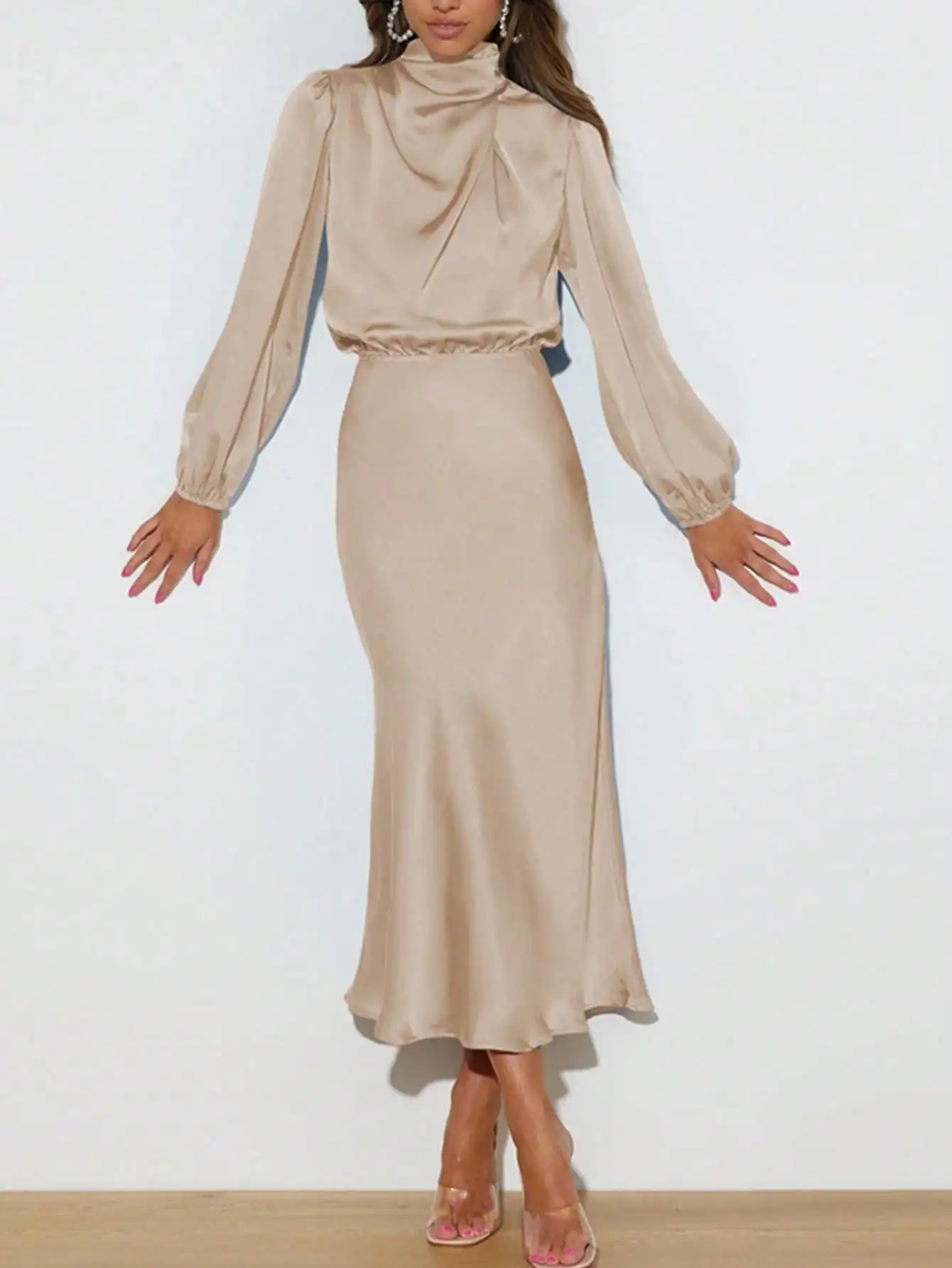 Midi Dress Draped High Neck Puff Satin Long Sleeve Elastic Waist Flowy Fishtail Skirt Wedding Guest Bridesmaid Evening Gown