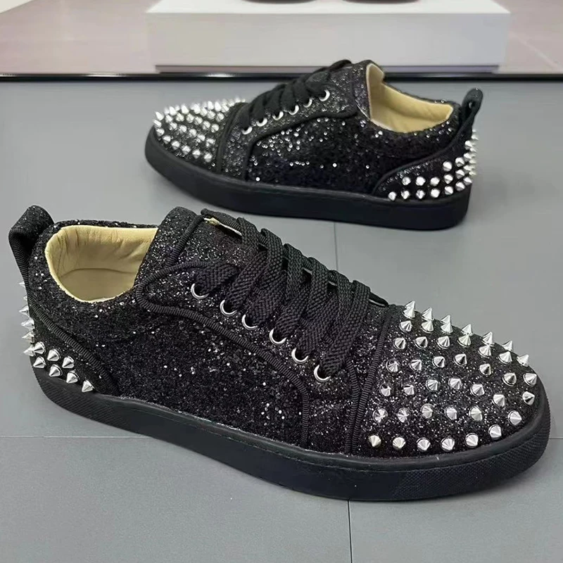 British style men casual studded shoes hip hop rock dresses lace-up flats rivets shoe black stylish spikes sneakers man footwear