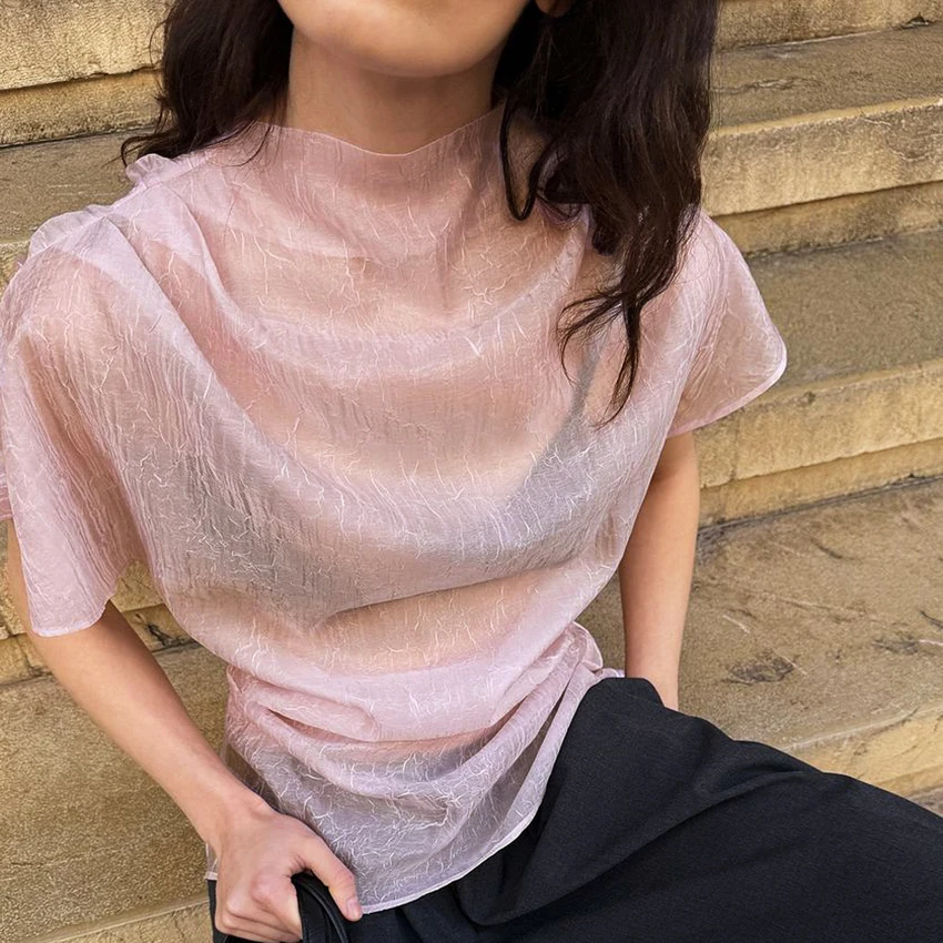 

Linad Street Chic Pink Turtleneck Blouse Woman 2026 Summer Casual Loose Short Sleeve Shirts Elegant Woven Pullover Tops Female