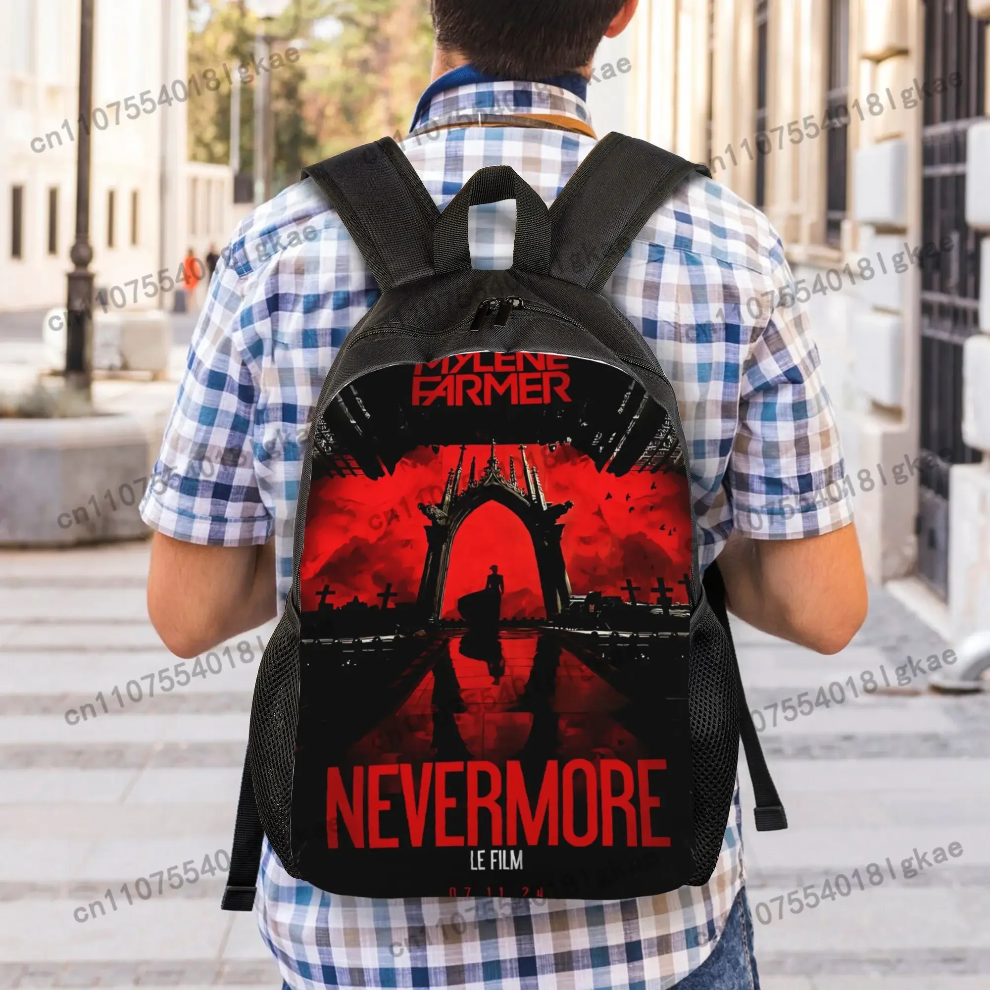 Mylene Farmer Nevermore Backpack - Stylish Black with Red & White Graphic Design, Durable Mesh Material, Perfect for Students, C