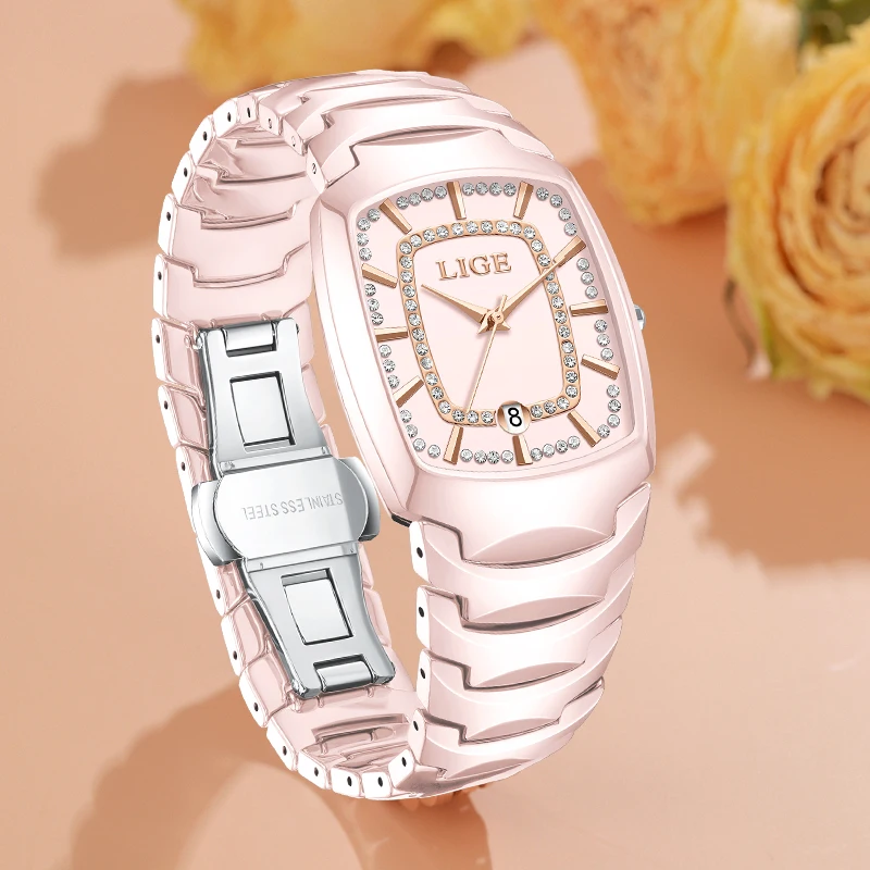 

LIGE элегантные роскошные женские часы, классические модные повседневные керамические ремешки с автоматической датой, водонепроницаемые кварцевые женские часы, женский подарок