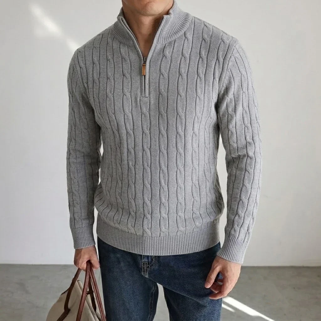 Mens Textured Knit Quarter Zip Jumper Relaxed Mock Neck Knit Sweatshirt Cozy Winter Knit Blazer Outer Garment Overcoat for Men
