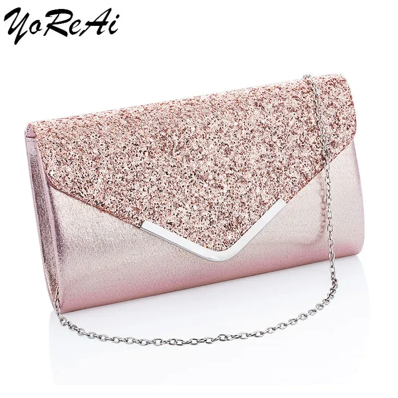 Yorei Tas Clutch Malam Wanita Dompet Clutch Payet Emas Pernikahan Tas Bahu Rantai Tas Tangan Pesta Kecil dengan Pegangan Logam