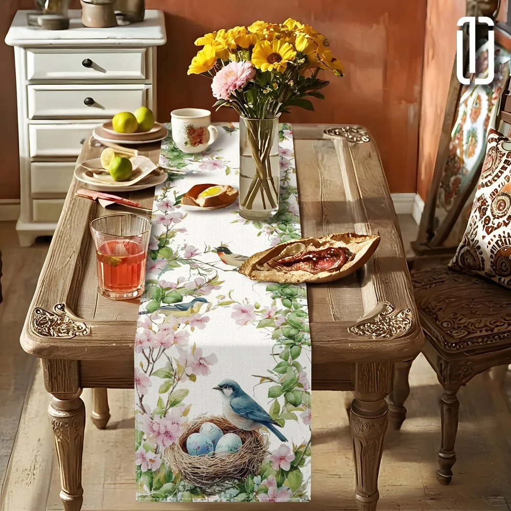 Spring Flowers Birds Peach Blossom Linen Table Runner Dresser Scarf Seasonal Kitchen Dining Table Runners Holiday Party Decor