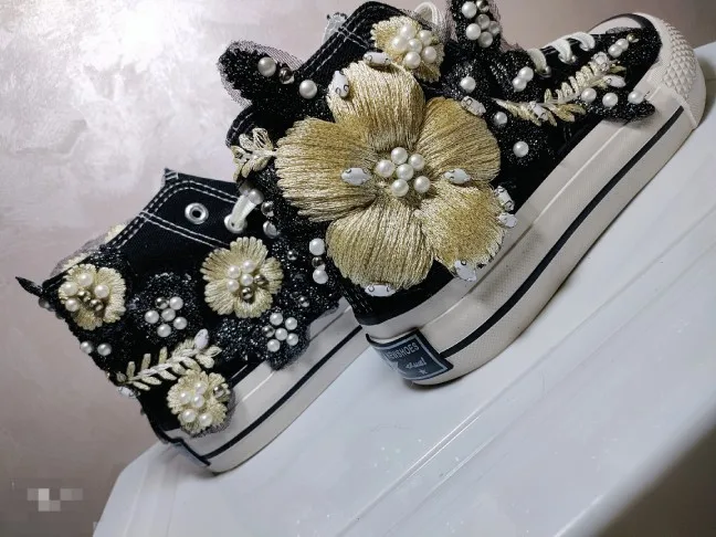 Embroidered Beaded High Top Canvas Shoes