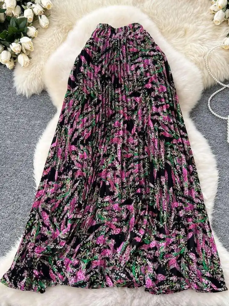 Women Chiffon Printed Midi Skirt Spring Autumn Umbrella Skirts Ladies Elegant Pleated Floral A-line Skirt