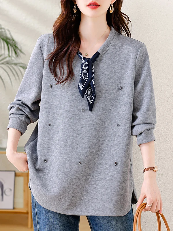 Grey Loose Casual Women's Sweatshirt Spring 2026 New Style Fashionable Rhinestone Large Size Female Top European Style