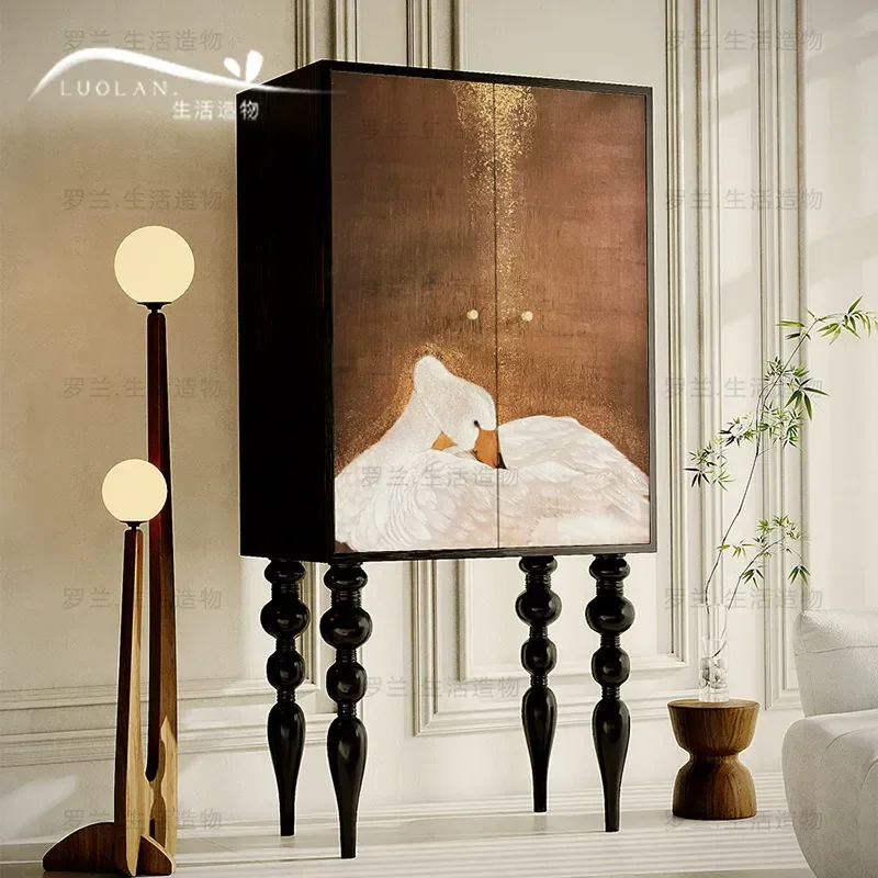 Retro Tall Solid Wood Cabinet Swan Bucket Design Double Door Storage Unit for Entrance Living Room Home Organization