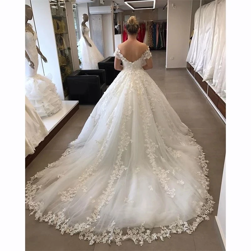 2022 elegante abito da ballo gonfio con spalle scoperte abito da sposa Appliques Tulle scollo a V abito da sposa in pizzo backless Robe De Mariee