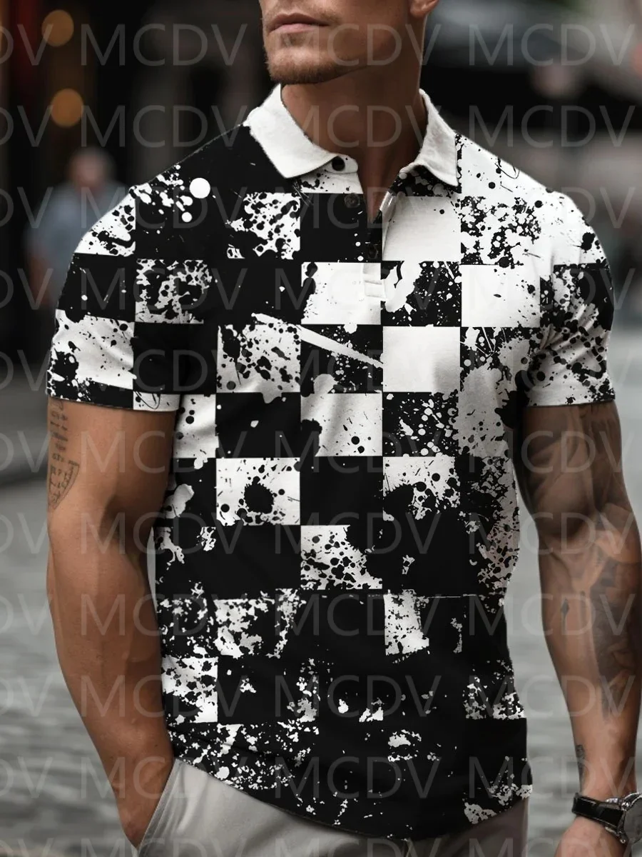 Men's Black Border Of Hexagon 3D Casual Printed Short-Sleeved Polo Shirt 3D Printed Polo Shirt Summer Men's Tops