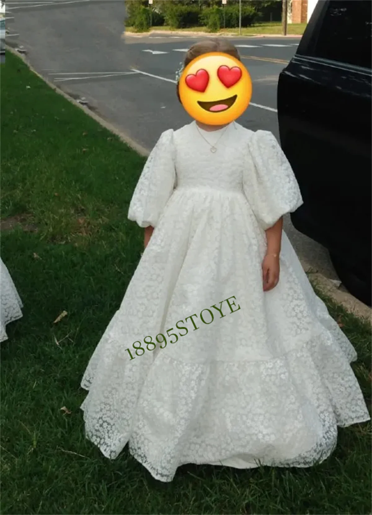 Vestido de encaje con cuello redondo para niña, mangas hinchadas, vestidos de flores para niña, fiesta de boda Vestido largo de, vestido de princesa para niña pequeña