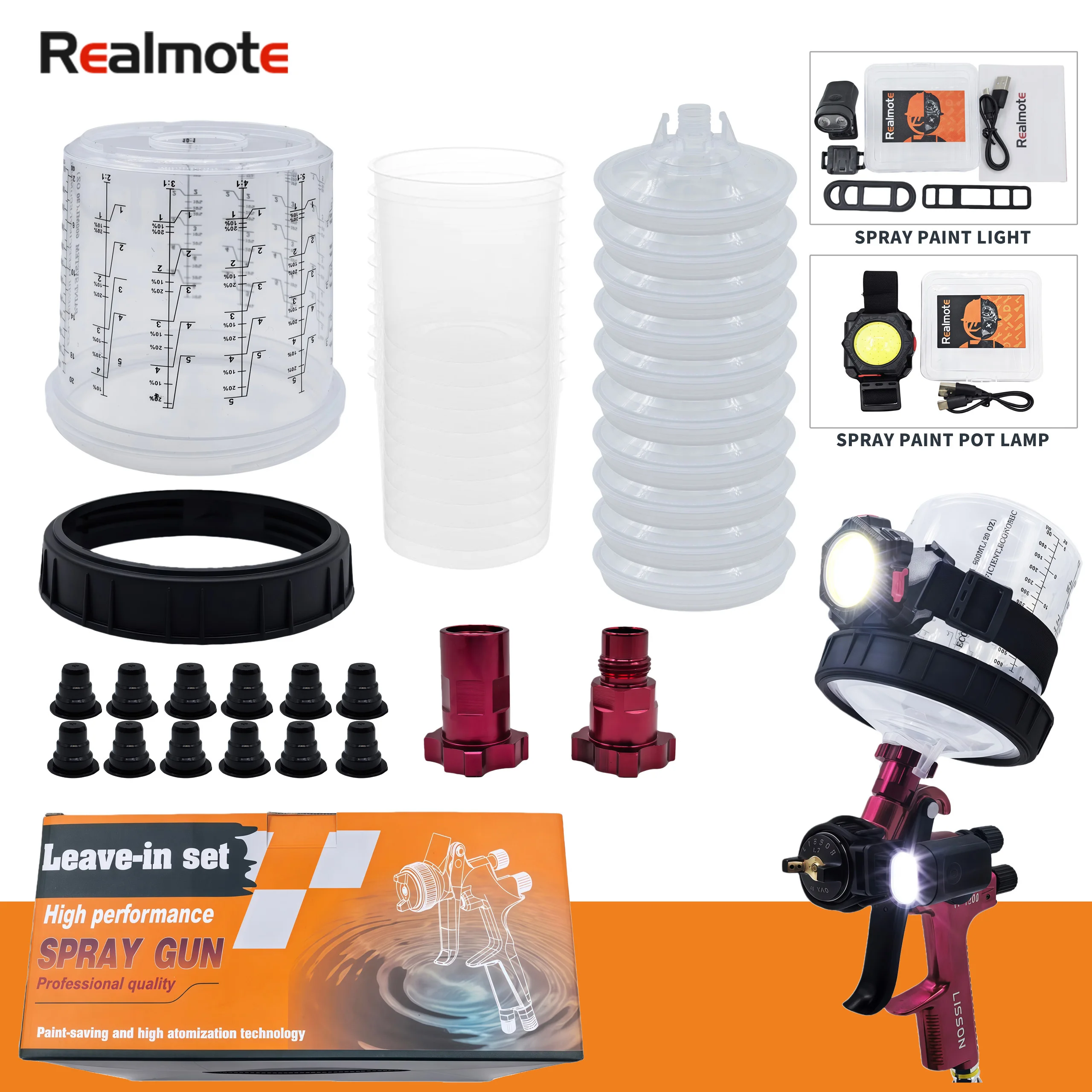 600mL Disposable Spray Gun Paint Cup Kit Set 125μm Filter, Leak-Proof, Quick-Assembly, Transparent Inner Cup with Metal Adapters