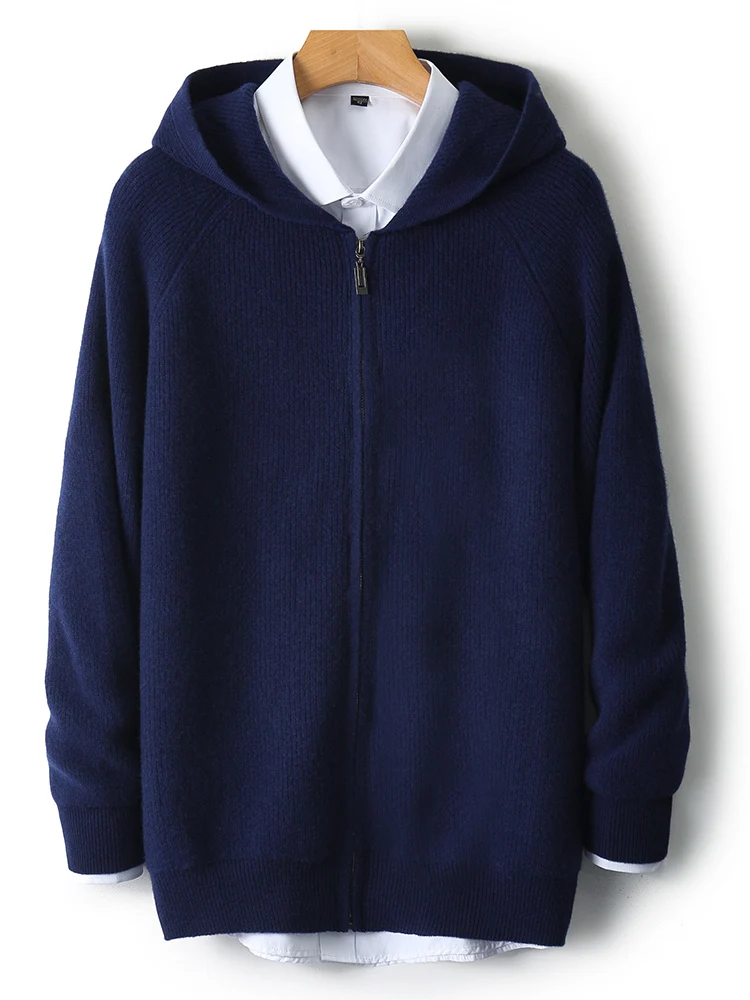 

Men 100% Merino Wool Knitwear Basic Zipper Hooded Sweater Autumn Winter Long Sleeve Bottom Cadigan Soft Casual Jumper Top