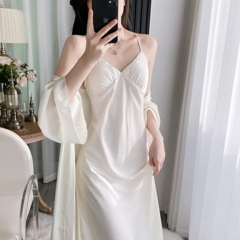 

White Ice Silk Bride Wedding Robe Nightgown Sexy Lingerie Women Spaghetti Strap Nightdress Homewear Loose Bathrobe Loungewear