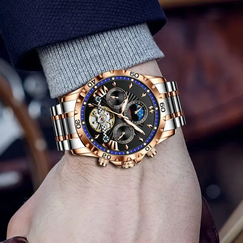 GLENAW ساعة مرحلة القمر للرجال من الفولاذ المقاوم للصدأ ، ساعات من أفضل العلامات التجارية ، فاخرة