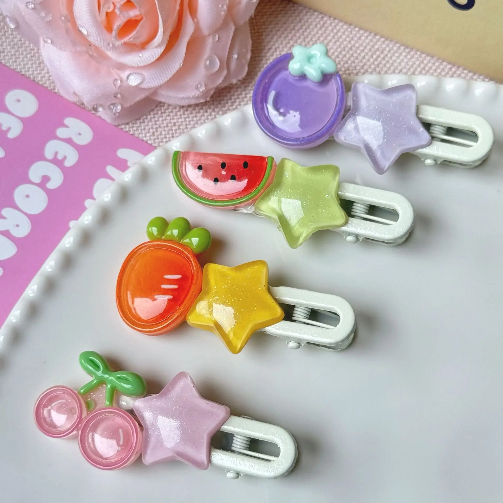 Аксессуары для волос с розовыми фруктами, 2 шт., зажимы с пятиконечной звездой, прозрачные блестящие заколки для волос, милые украшения для волос для школьниц