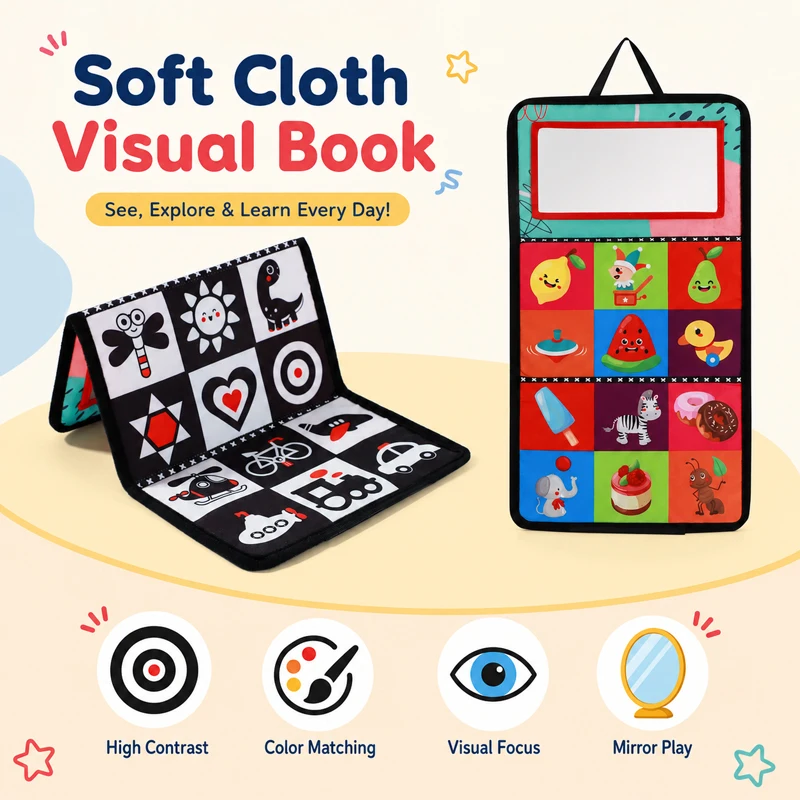 Soft Baby Book Mushroom Foldable Tummy Time Sensory Cloth Book with Mirror Early Learning Toy for Newborns 0 to 3 Years view 2