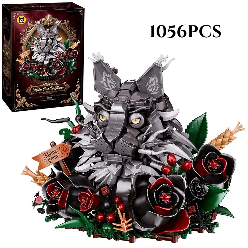 

1056PCS Maine Coon Cat Flower Model Building Blocks Desktop Ornament Construction Bricks Toy The Perfect Gift For Family