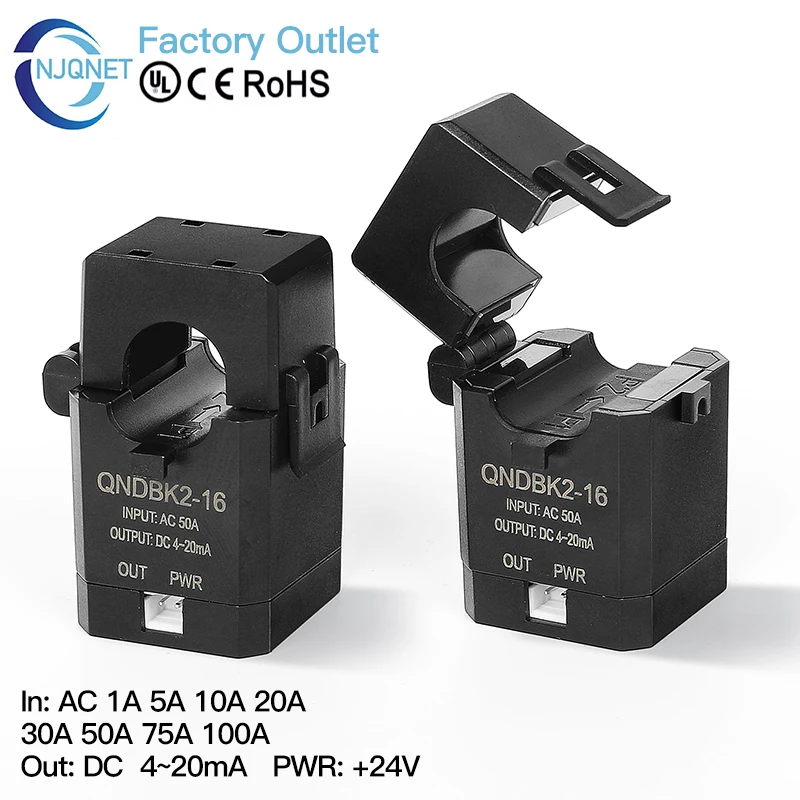 

Split core current transmitter QNDBK2-16 AC 5A 10A 20A 50A 100A 200A 4 20mA clamp current transformer transducer current sensor