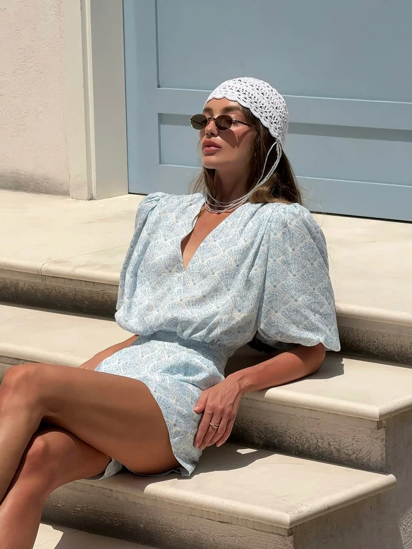 Marthaqiqi Casual Ladies Nightwear Set Sexy V-Neck Sleepwear Short Sleeve Nightgowns Shorts Printing Loose Female Pajamas Suits