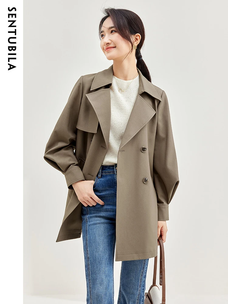 

SENTUBILA Notched Double-breasted Trench Coats for Woman 2023 Winter Autumn Jackets Detachable Tie Belt Lantern Sleeve Outerwear