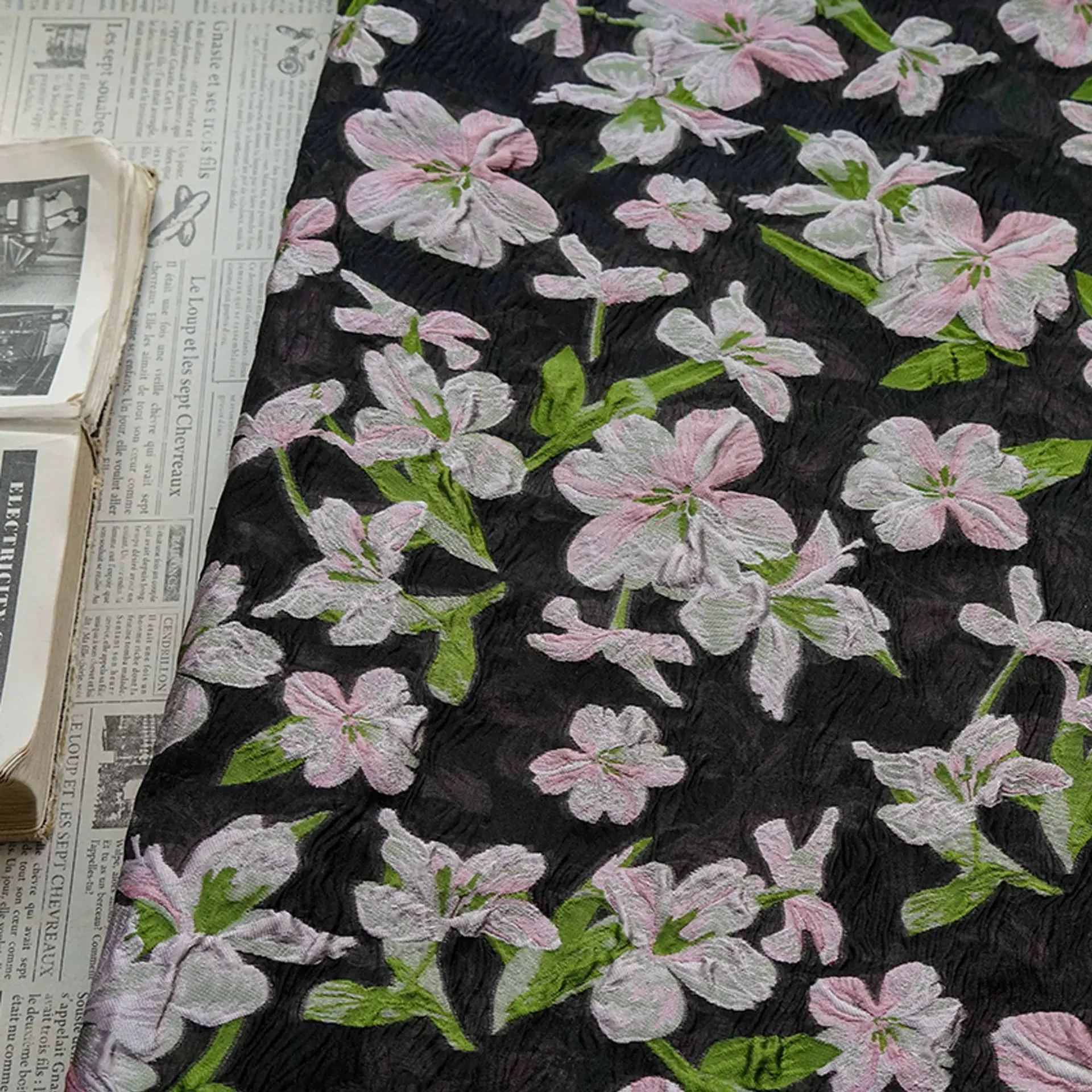

Pink Floral Relief Black Background Woven Jacquard Fabric Micro Transparent Elegant Dress Vest Decorative Sewing Fabric
