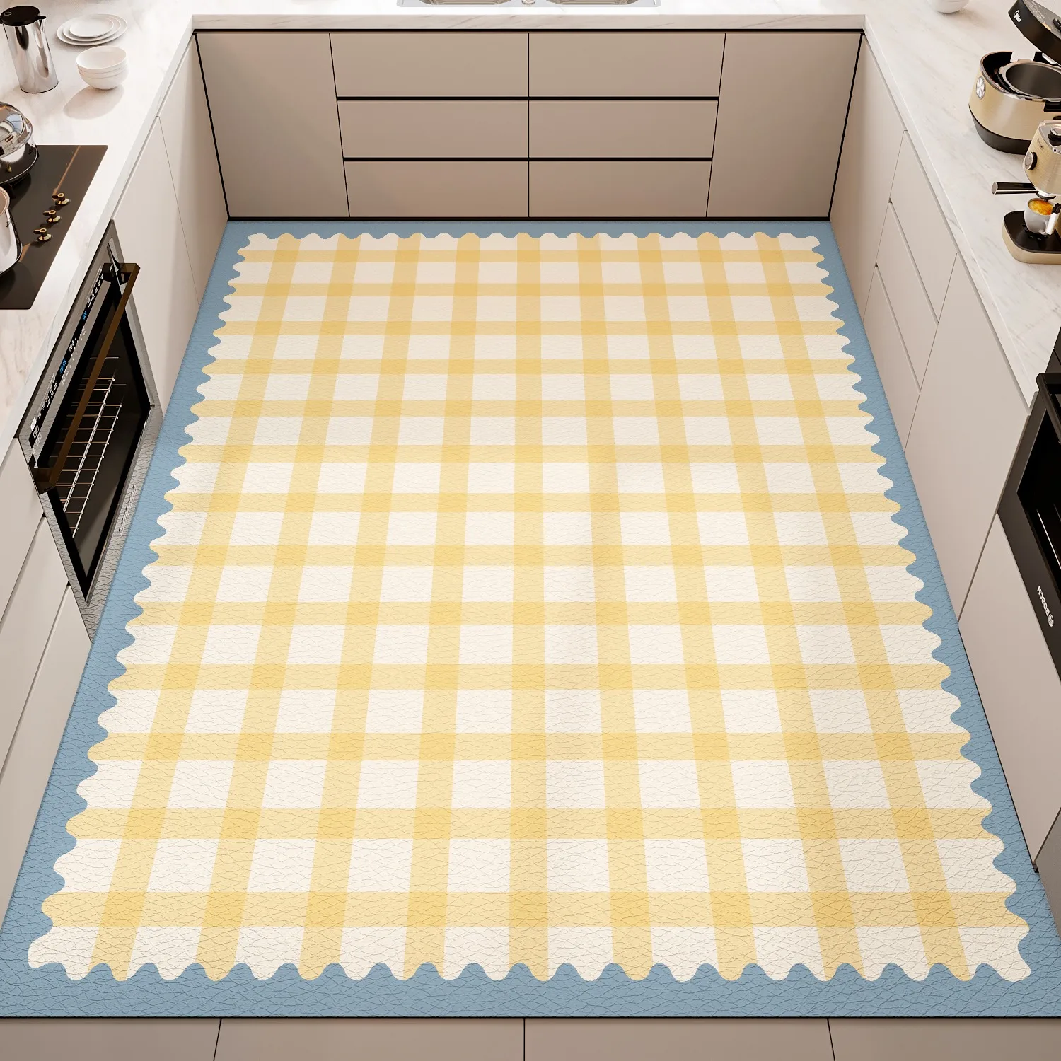 Floor Mat for Kitchen Anti-slip Oil-proof Wipeable Carpet Leather Waterproof PVC Rug Grid Lines Large Size Foot Mats Alfombra