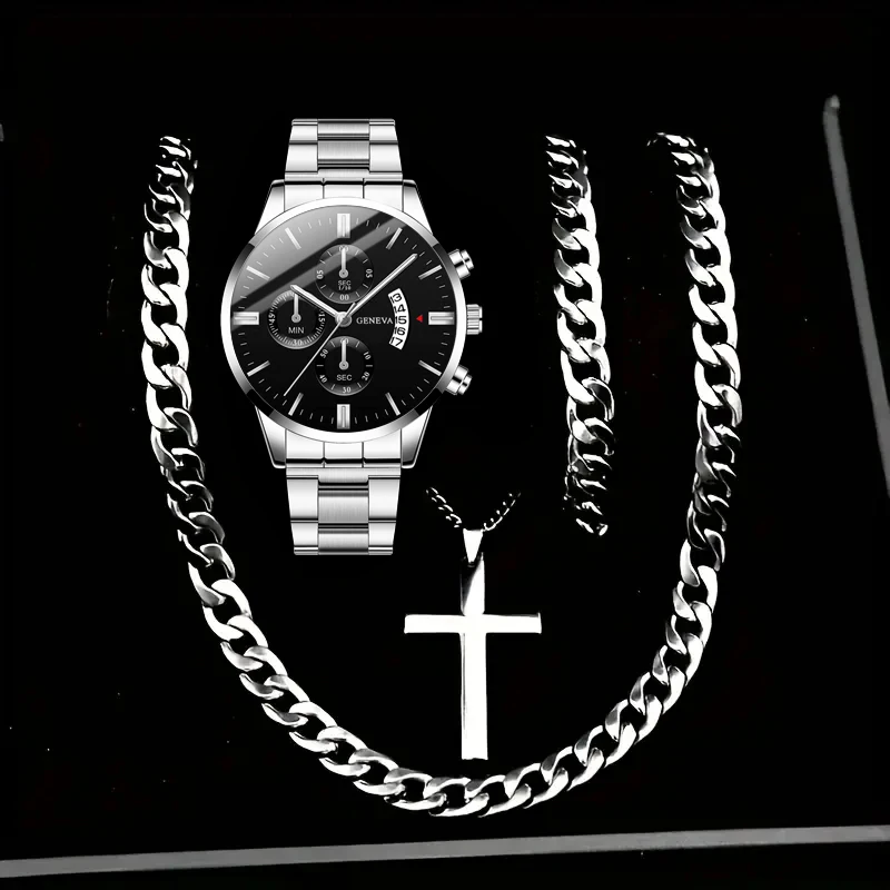 4pcs men's business watch fashionable quartz watch with necklace and bracelet set suitable for daily wear and holiday gifts
