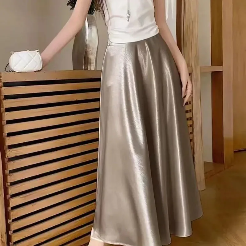 Satin A-line Skirt Women's Big Swing Skirt 2027 Spring Summer New Female Temperament Fishtail Slightly Joker High-waisted Skirts