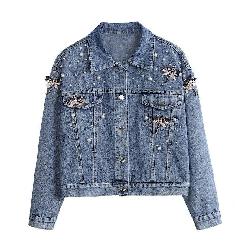 Veste en denim à boutonnage simple pour femme, col rabattu, manches longues, combinaison lavée, cardigan, diamants, poches, OupillBasics