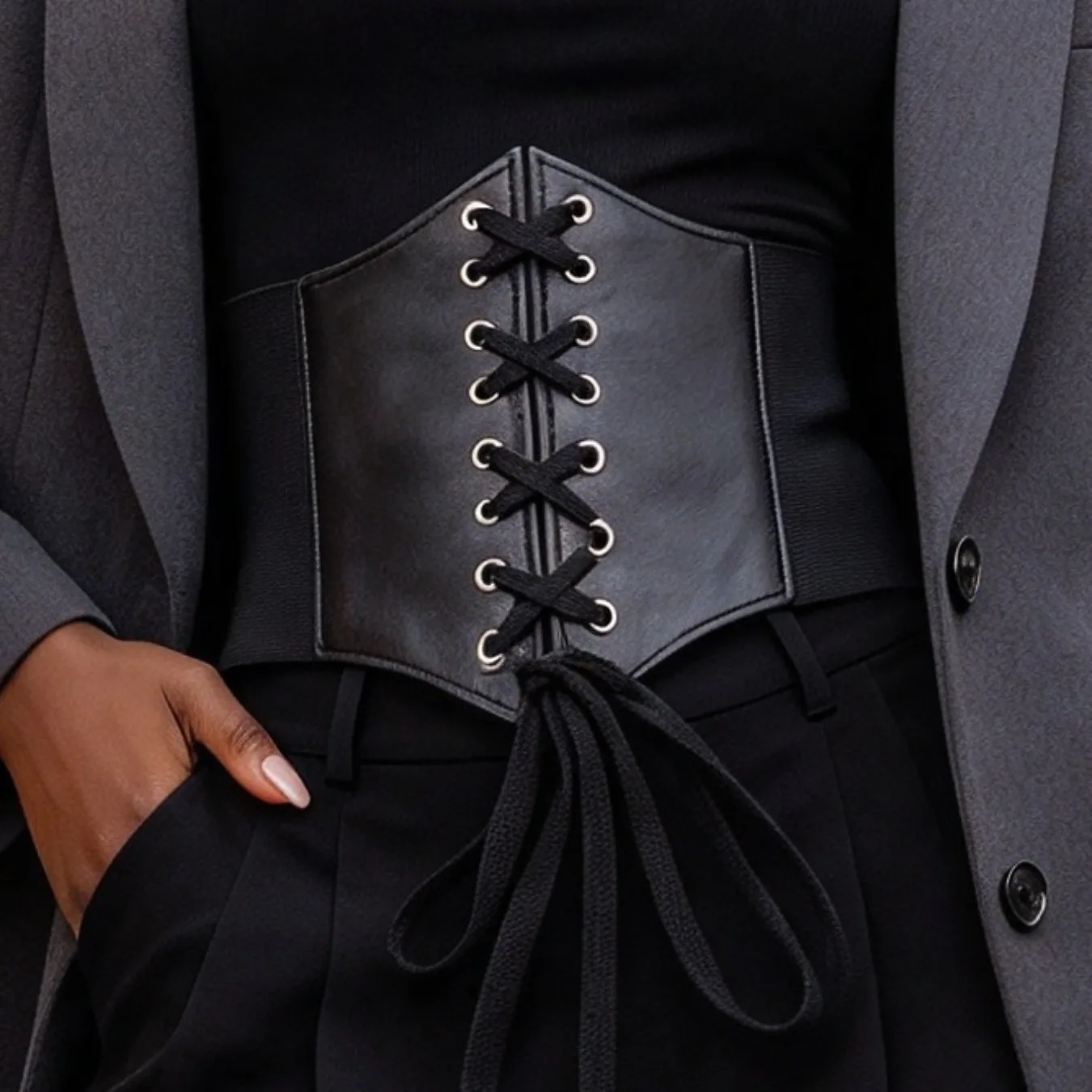 Women Court Style Corset Lace Up Waistband Cosplay Costume Matching Sweater Dress Elastic Waist Belt 2 Pcs Set view 3