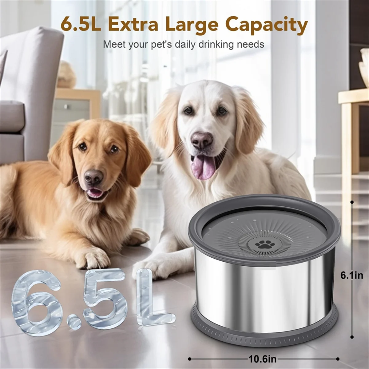 6.5L Dog Water Bowl 1.6 Gallon Super Large Capacity No Spill Dog Water Bowl,Stainless Steel Spill Proof Water Feeder(D)