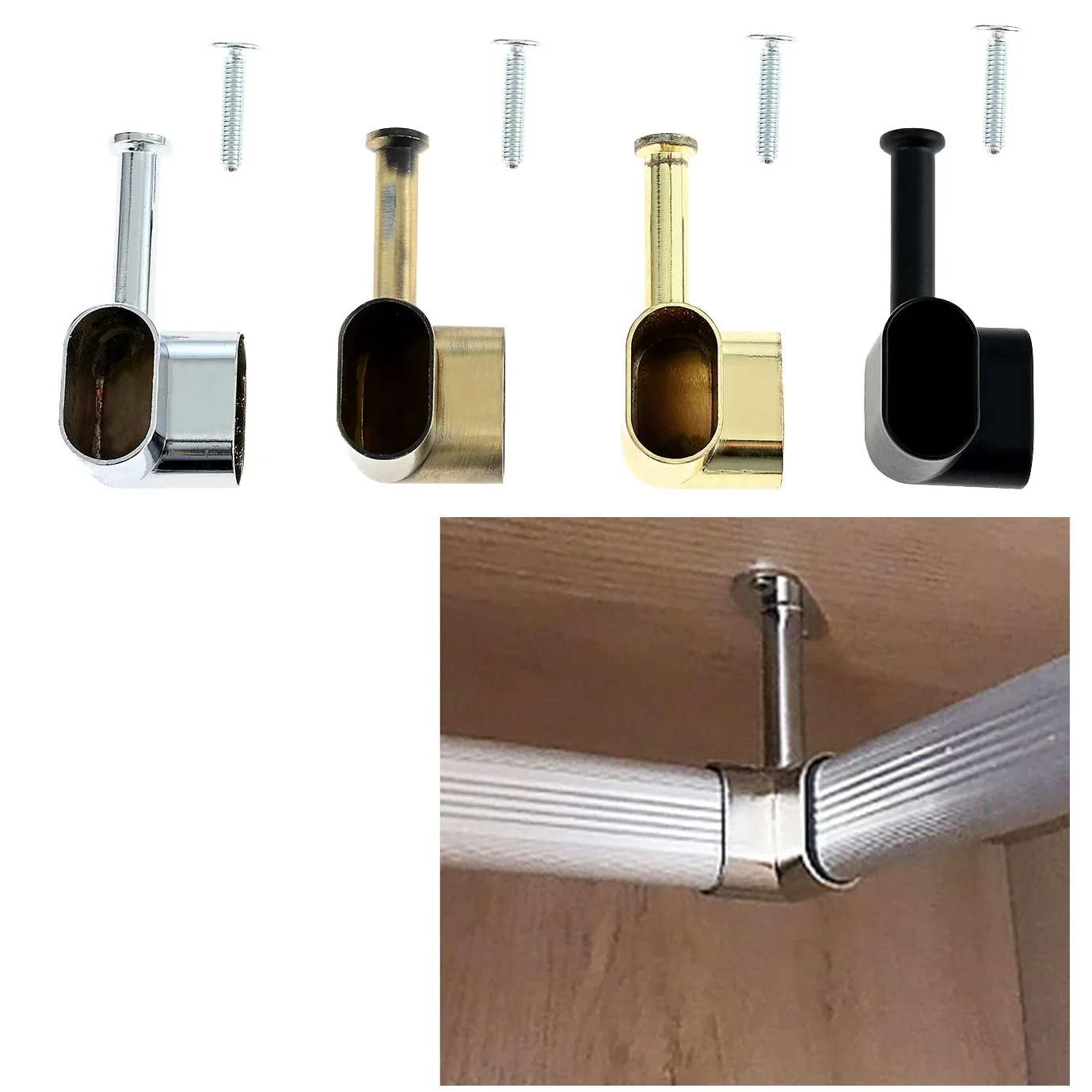 2Pcs Wall/Ceiling Top Flange Seat Clothes Wardrobe Cabinet Curtain Hanging Rod 90Degree Corner Brackets Support Pipe Rail Holder