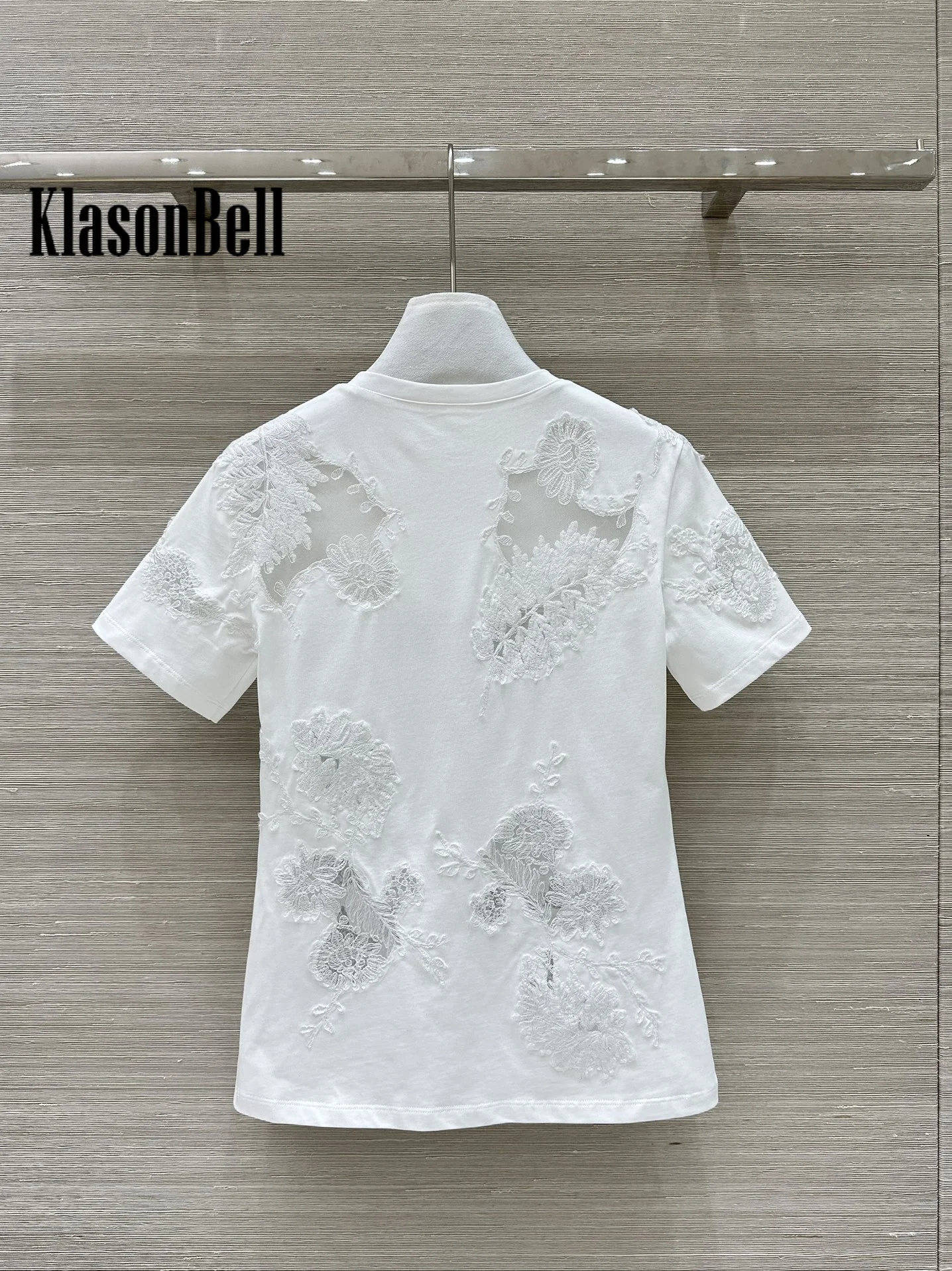 1.19 KlasonBell Fashion New Lace Embroidered Hollow Out Spliced Cotton Short Sleeve T-Shirt Elegant Soft Tee Women