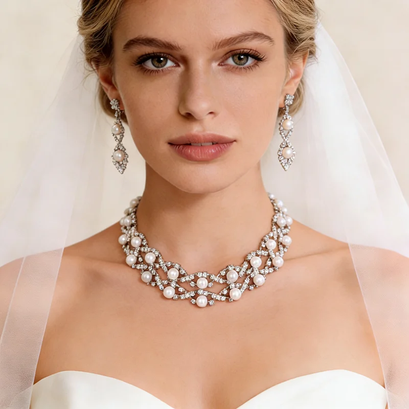 2 Pcs Hollowed Cross Crystal Rhinestones Chokers Necklaces Ladies Elegant Imitation Pearl Drop Earrings Wedding Collection Set A