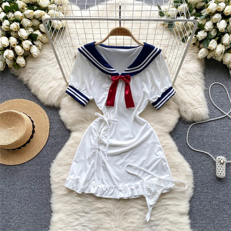 Sailor Collar Split Sexy Ladies Bow Hotsweet Mini Dress+Thong Ruffle Hollow Out Cosplay Lace-up Erotic Nightdress Woman 2 Pieces