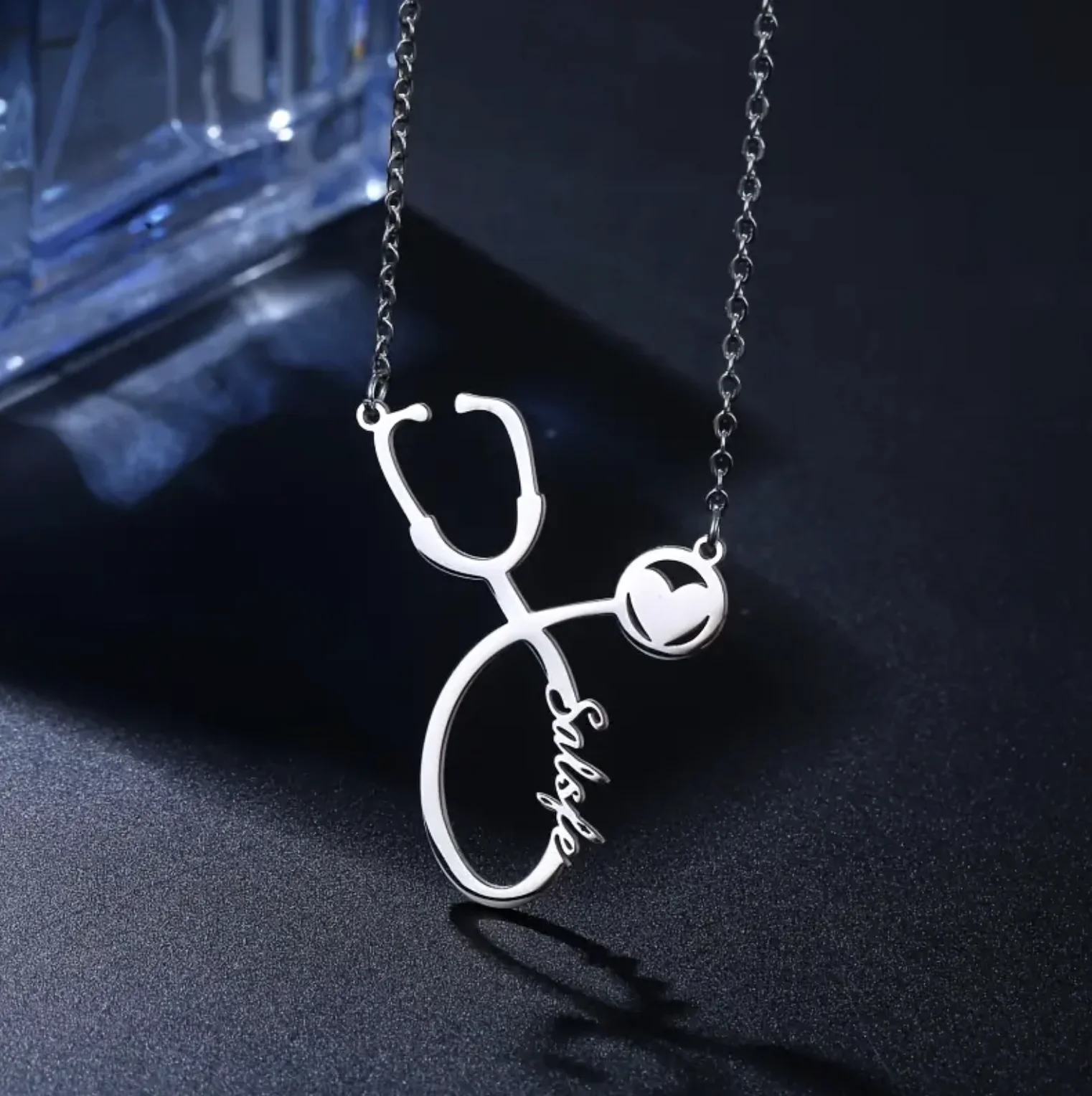 

Punk Personalized Stethoscope Heart Pendant Customized Name Necklace For Women Clavicle Chain Nameplate Jewelry Birthday Gift