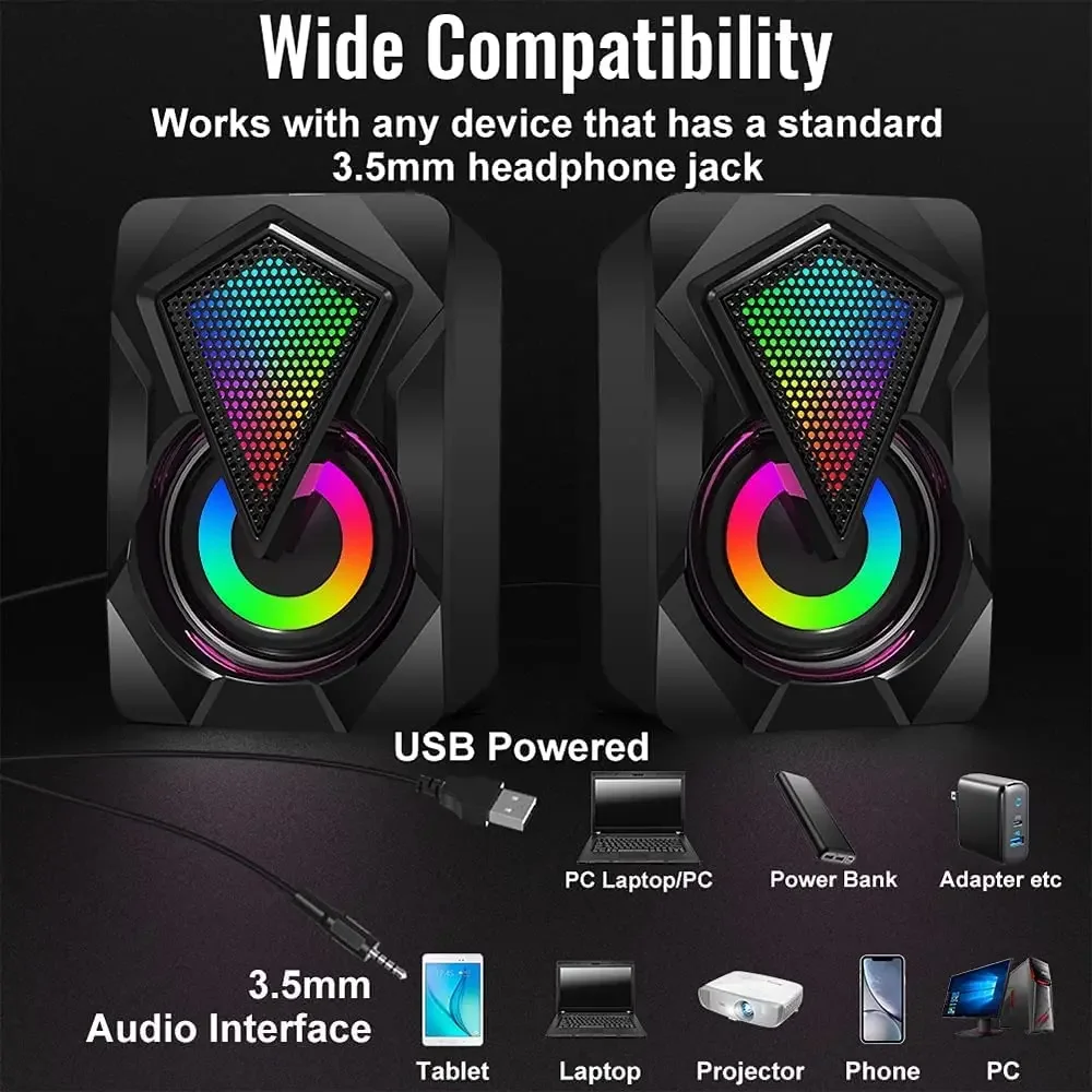 Altavoz para computadora con luces RGB coloridas, alimentado por USB, entrada auxiliar de 3,5 mm, mini altavoces de sonido cristalino para monitor de computadora portátil, color negro