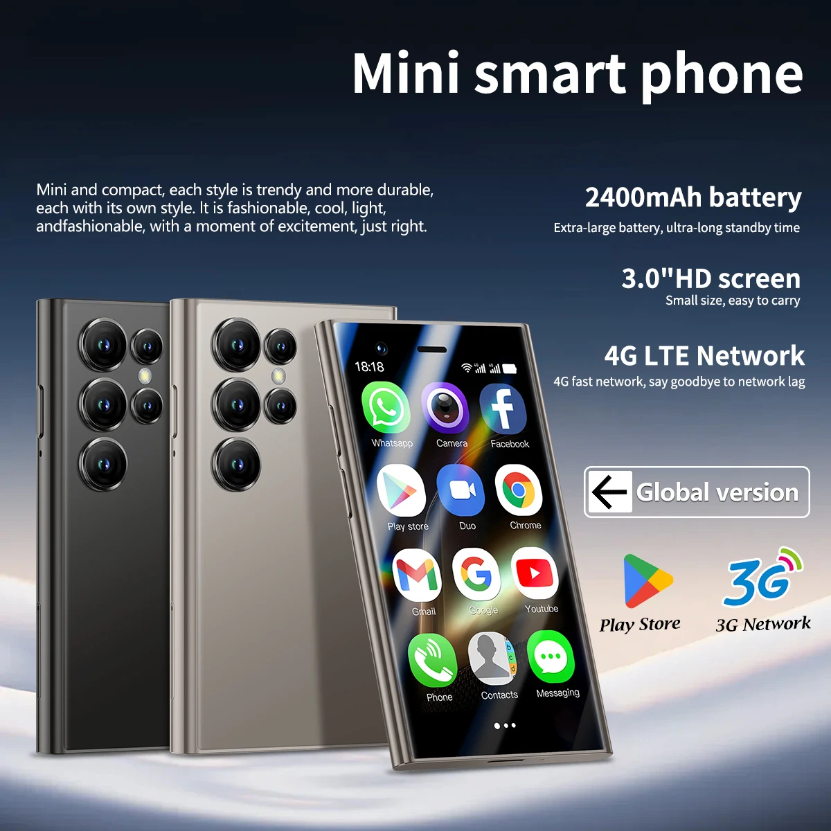 هاتف ذكي S24PROMAX Mini، Android 8.1، شبكة 4G، يدعم Play Store، شاشة 3.0 بوصة، هدية مثالية للطلاب