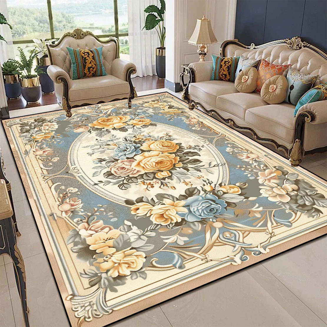 European Carpets Living Room Pastoral Flower Home Rug Large Bedroom Luxury Pattern Floor Mat Washable Non-slip Entryway Door Mat